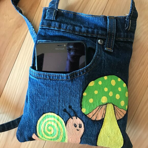 Handmade Crossbody Bag: Denim Cell Phone Holder, Whimsical Snail Mushroom Design - Picture 9 of 11